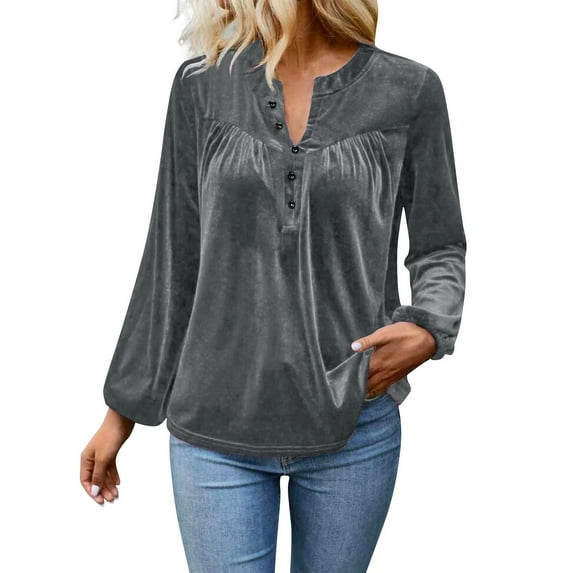 Womens Spring Tops 2026 Trendy V Neck Button Up Shirt Velvet Long Sleeve Top Solid Color Dressy Casual Blouses Velour Tops for Women