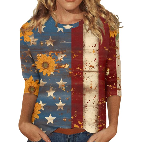 Womens Spring Tops, 4Th Of July Print Round Neck Three Quarter Sleeves T-Shirt Green Tops Heart For Women Basic Long Tops 3/4 Sleeve Tops Trendy Tops 2024 Shirts Tops (XL, Wine) ZMTing