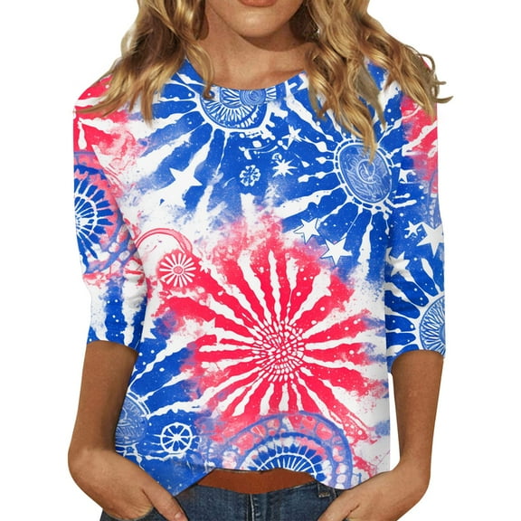 Womens Spring Tops, 4Th Of July Print Round Neck Three Quarter Sleeves T-Shirt Long Sleeve T Women Navy Blue Going Out Tops Crop Tank For Graphic Tees Plus Tops Tank Tops (XXL, Hot Pink) ZMTing
