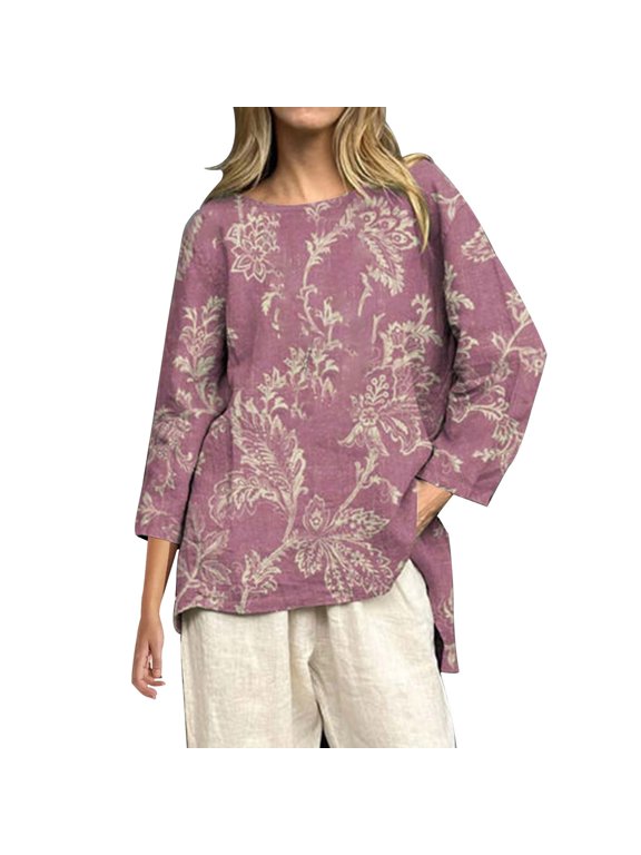 Womens Spring Tops Baseball Print Round Neck 3/4 Sleeve Cotton Tee Oversized Tshirts for Women