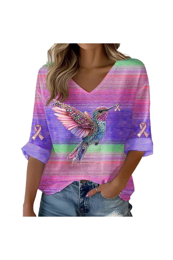 Womens Spring Tops Breast Cancer Ribbon Print Casual Top Oversized Tshirts for Women