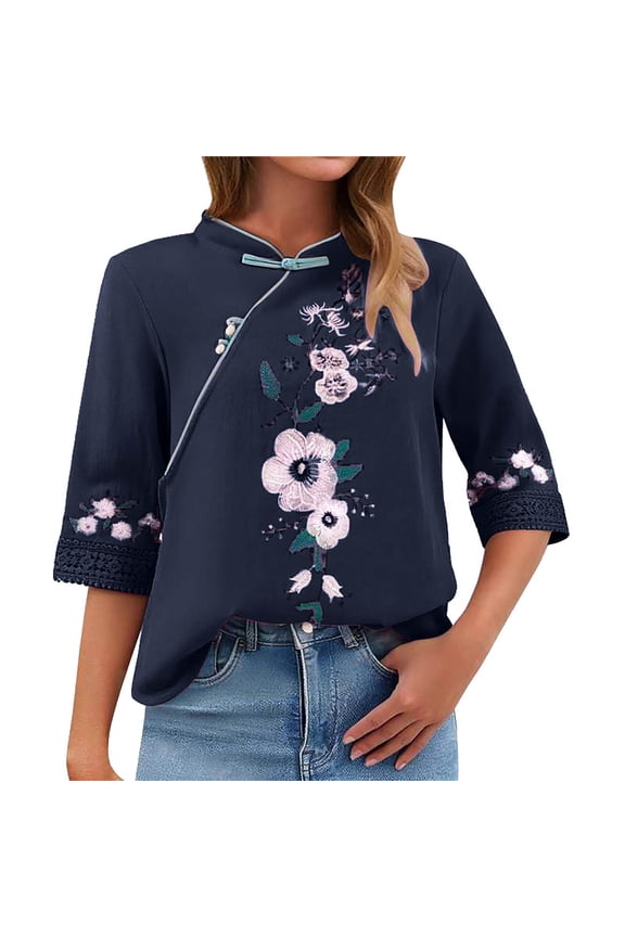 Womens Spring Tops Chinese Lace Button Embroidery Qipao Style Top Oversized Tshirts for Women