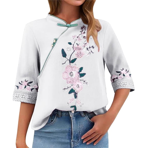 Womens Spring Tops Chinese Lace Button Embroidery Qipao Style Top Oversized Tshirts for Women
