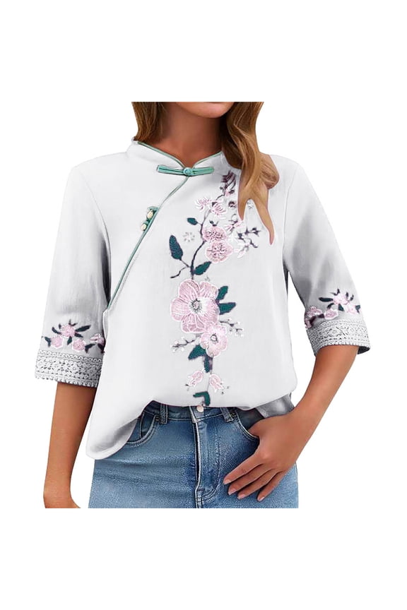 Womens Spring Tops Chinese Lace Button Embroidery Qipao Style Top Oversized Tshirts for Women