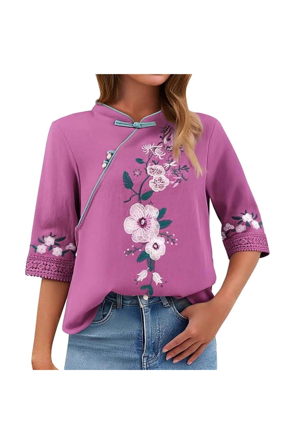 Womens Spring Tops Chinese Lace Button Embroidery Qipao Style Top Oversized Tshirts for Women