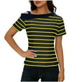 thumbnail image 1 of Womens Spring Tops Fashion Striped Casual Short-Sleeve Off-Shoulder Patchwork T-Shirts Top, 1 of 9