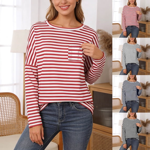 Womens Spring Tops Long Sleeve Crewneck Striped Casual T Shirt Loose Basic Tee Blouse