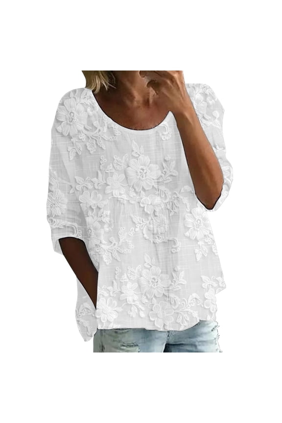 Womens Spring Tops Print Round Neck 3/4 Sleeve Loose Tee Oversized Tshirts for Women