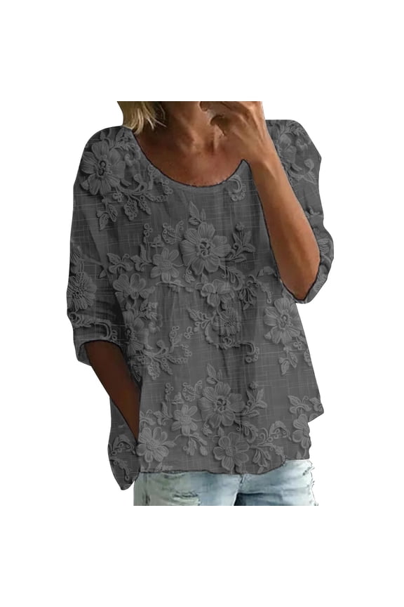 Womens Spring Tops Print Round Neck 3/4 Sleeve Loose Tee Oversized Tshirts for Women