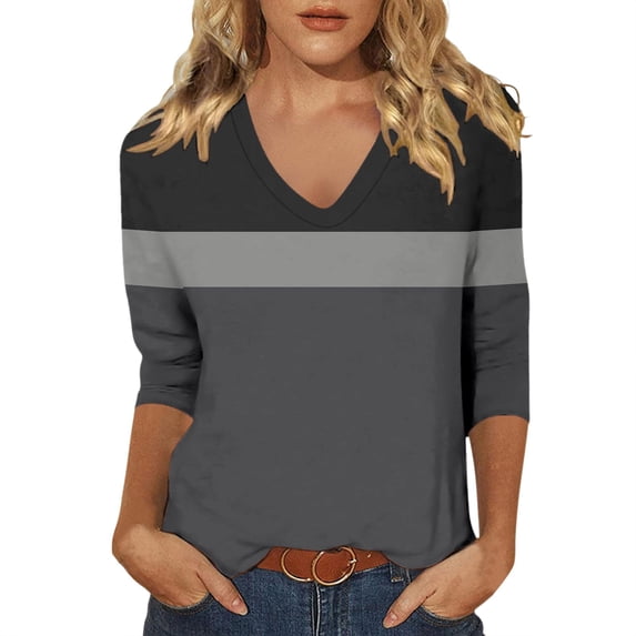 Womens Spring Tops Striped Print 2026 Summer Dressy Casual 3/4 Sleeve V-Neck Shirts Business Work Classic Fit Outfits Y2k Clothes