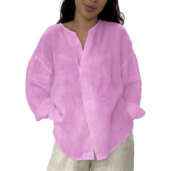 Womens Spring Tops Trendy Linen Long Sleeve Button Plus Size Blouse Oversized Tshirts for Women