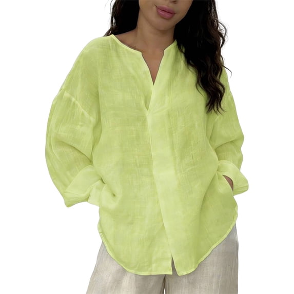 Womens Spring Tops Trendy Linen Long Sleeve Button Plus Size Blouse Oversized Tshirts for Women