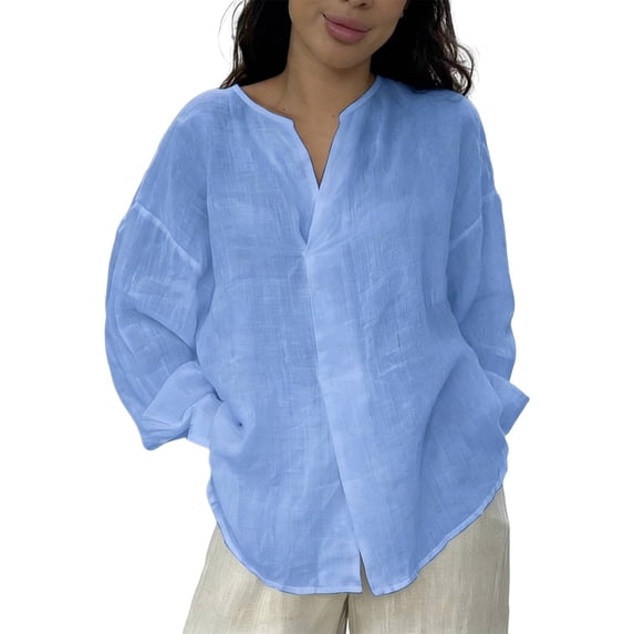 Womens Spring Tops Trendy Linen Long Sleeve Button Plus Size Blouse Oversized Tshirts for Women