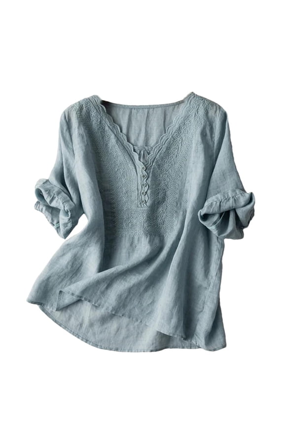 Womens Spring Tops, Yigetop Womens Tops and Blouses Summer Fashion Embroidered Shirts Fashion Short Sleeve Cotton Linen Shirt Womens Boho Tops Blue XL
