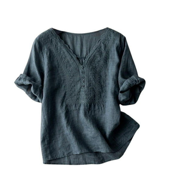 Womens Spring Tops, Yigetop Womens Tops and Blouses Summer Fashion Embroidered Shirts Fashion Short Sleeve Cotton Linen Shirt Womens Boho Tops Navy 2XL