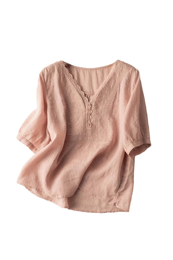 Womens Spring Tops, Yigetop Womens Tops and Blouses Summer Fashion Embroidered Shirts Fashion Short Sleeve Cotton Linen Shirt Womens Boho Tops Pink M