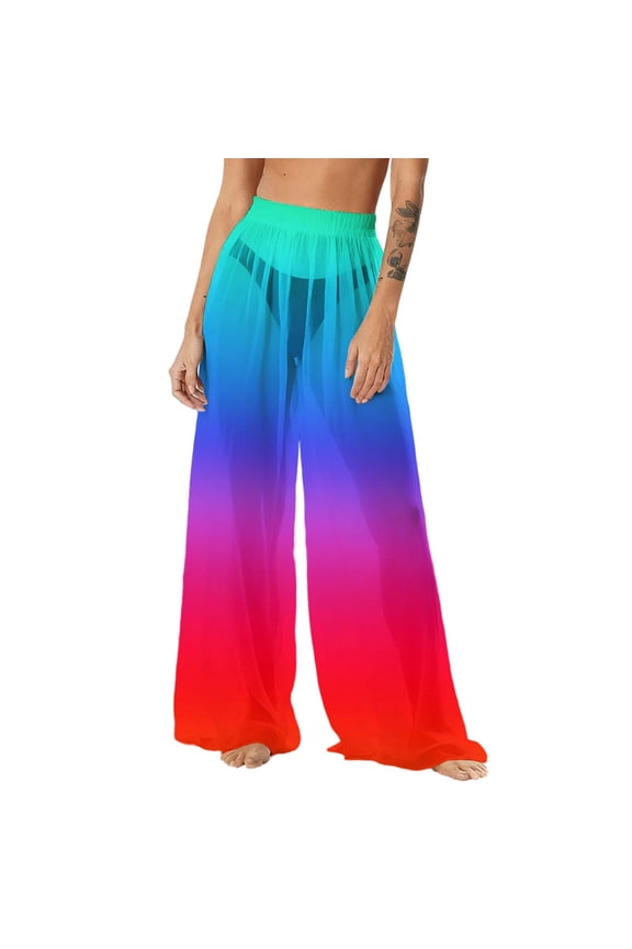 Womens Spring Travel Pants,Women See Through Sheer Mesh Pants Beach Swimsuit Bikini Bottom Cover up Party Club Elastic High Waist Wide Leg Pants