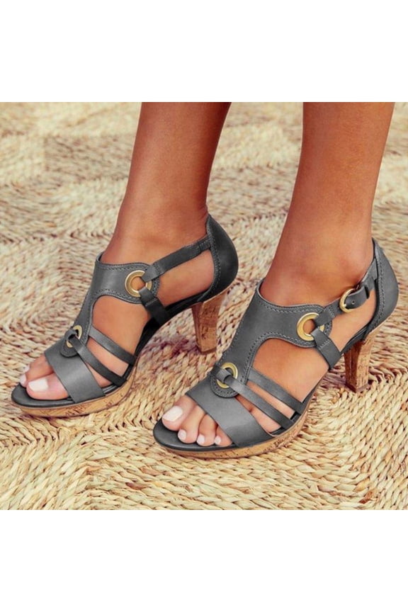 Sandals for Women,Retro Open Toe Metal Buckle Thick High Heel Buckle Roman Sandals For Youth New Arrival Size 7.5
