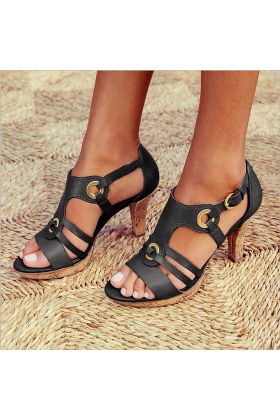 Sandals for Women,Retro Open Toe Metal Buckle Thick High Heel Buckle Roman Sandals For Womens New Arrival Size 5.5