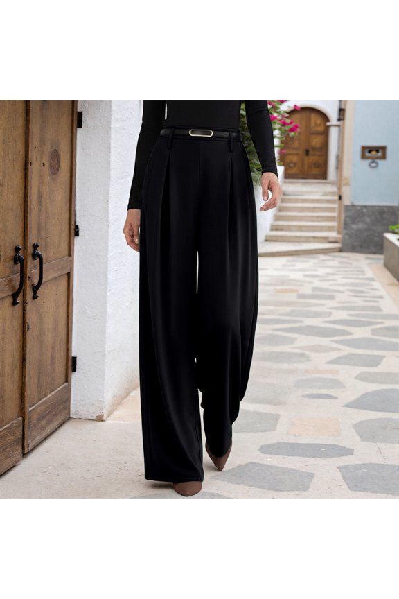 Womens Spring Wide Leg Trousers 2026 High Elastic Waist Loose Pleated Long Flowy Palazzo Work Pants with Pockets, Casual Business Trousers(Black,S)