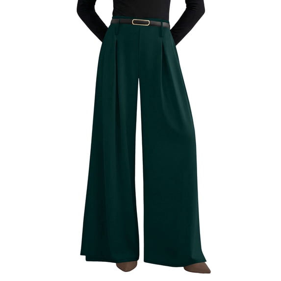 Womens Spring Wide Leg Trousers Loose Pleated Long Flowy Palazzo Work Pants with Pockets Dark Green XL