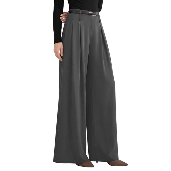 Womens Spring Wide Leg Trousers Loose Pleated Long Flowy Palazzo Work Pants with Pockets Gray XXL