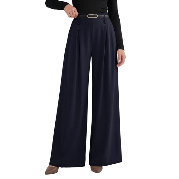 Womens Spring Wide Leg Trousers Loose Pleated Long Flowy Palazzo Work Pants with Pockets XL