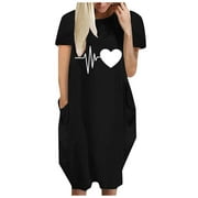 CLESALE Womens Spring&nbsp;Dresses Plus Size Dress for Women Loose Love Print Crew Neck Pockets Casual Short Sleeves Dress Black 4Xl