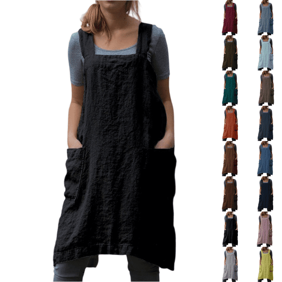 Womens Square Apron Baking Cooking Gardening Works Cross Back Cotton/Linen Blend Dress with 2 Pockets Black S