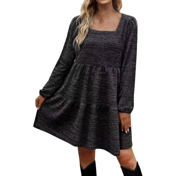 Womens Square Collar Long Sleeve Dress Solid Color Ruffle Fall Spring Dresses Casual Loose A Line Flowy Mini Dress
