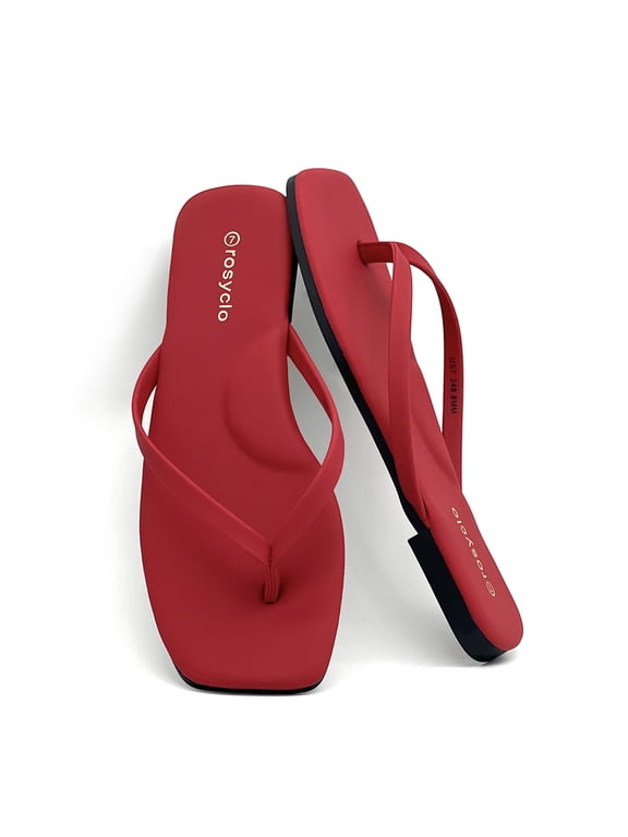Womens Square Flip Flops, Patent Leather Flat Sandals with Memory Foam Insole, Non-Slip Lightweight Minimalist Open Toe Summer Vacation Dressy Beach Essentials Slippers