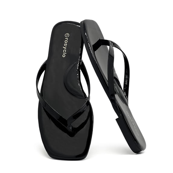 Womens Square Flip Flops, Patent Leather Flat Sandals with Memory Foam Insole, Non-Slip Lightweight Minimalist Open Toe Summer Vacation Dressy Beach Essentials Slippers