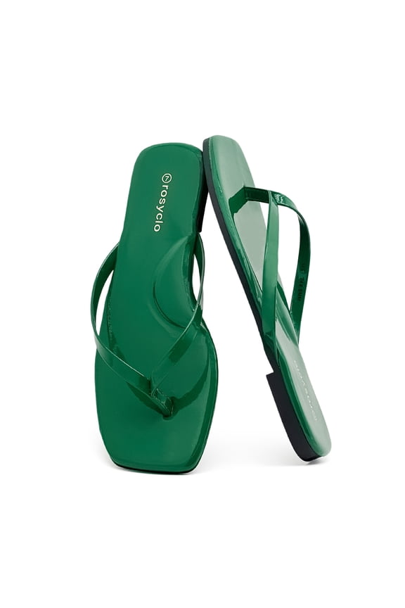 Womens Square Flip Flops, Patent Leather Flat Sandals with Memory Foam Insole, Non-Slip Lightweight Minimalist Open Toe Summer Vacation Dressy Beach Essentials Slippers
