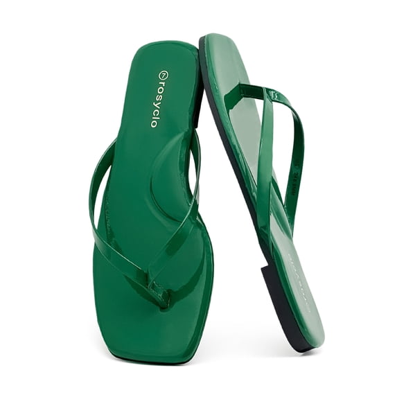 Womens Square Flip Flops, Patent Leather Flat Sandals with Memory Foam Insole, Non-Slip Lightweight Minimalist Open Toe Summer Vacation Dressy Beach Essentials Slippers