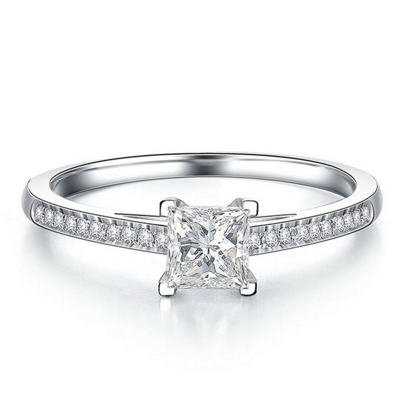 Womens Square Four-Claw Simulated Diamond Ring, Simple Fashion Copper Geometric Ring for Women