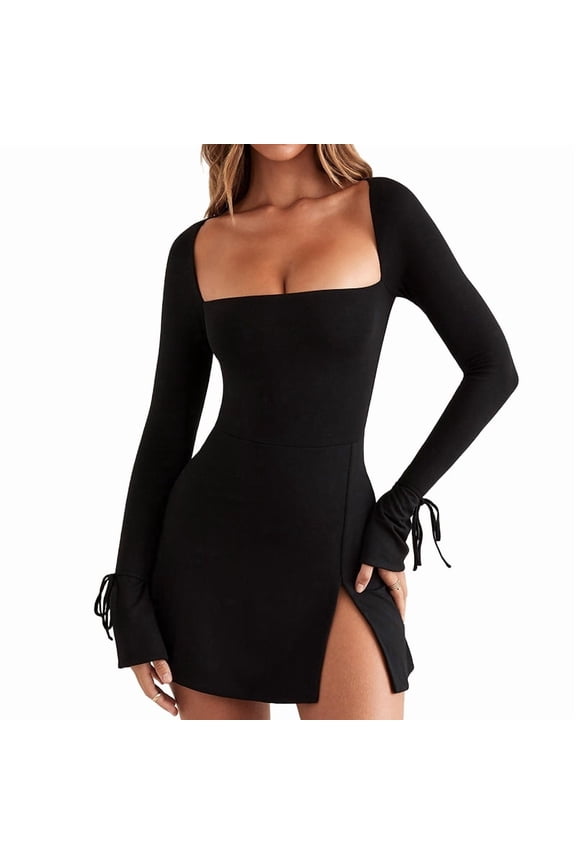 Womens Square Neck Bodice Dress Long Sleeve Side Slit Flare Mini Dresses