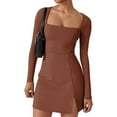 thumbnail image 1 of Womens Square Neck Bodice Dress Long Sleeve Side Slit Flare Mini Dresses, 1 of 7