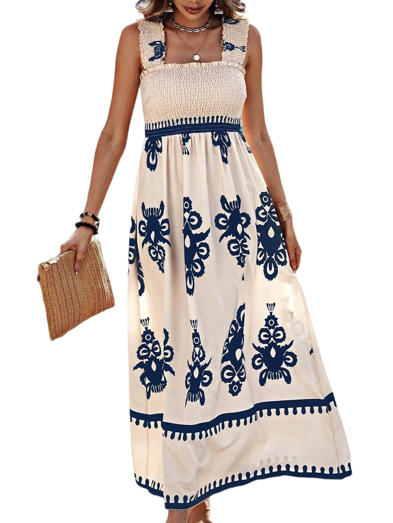 Chaos Women's Bohemian Maxi Dress – Deep V-Neck, Floral Print, Adjustable Strap Loose Long Dress