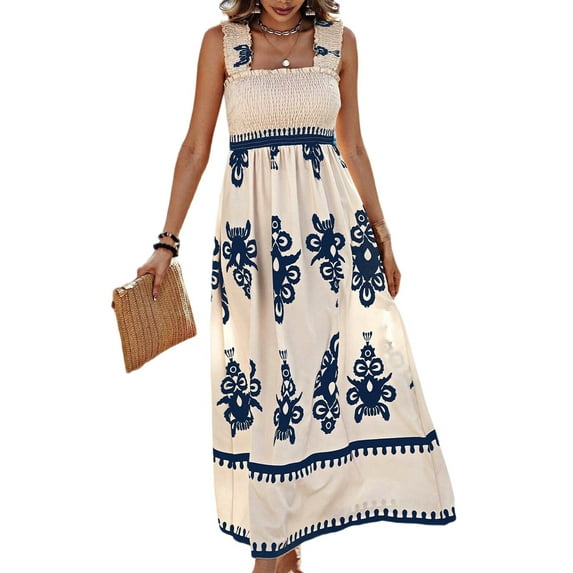 Womens Square Neck Boho Maxi Dress Casual Long Spring Summer Dresses Sundresses Beach Vacation 2025 White & Blue S