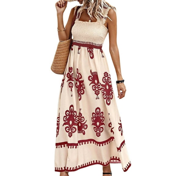 Womens Square Neck Boho Maxi Dress Casual Long Spring Summer Dresses Sundresses Beach Vacation 2025 White & Red S