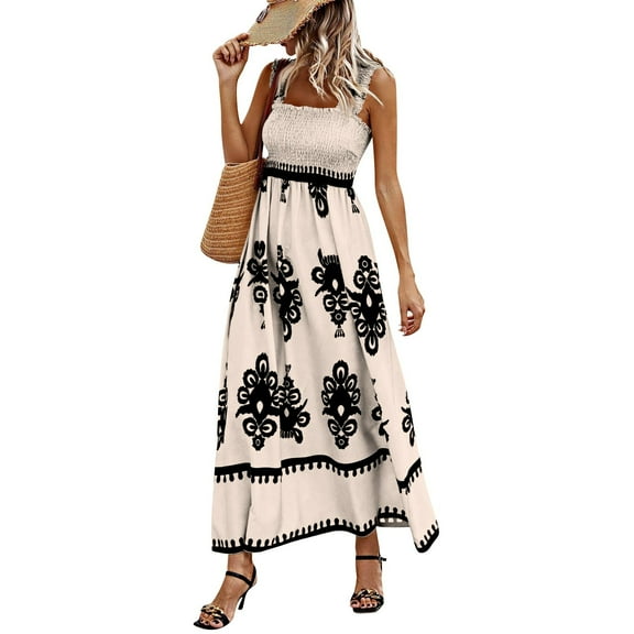 Womens Square Neck Boho Maxi Dress Casual Long Spring Summer Dresses Sundresses for Women Beach Vacation 2025 Khaki XXL