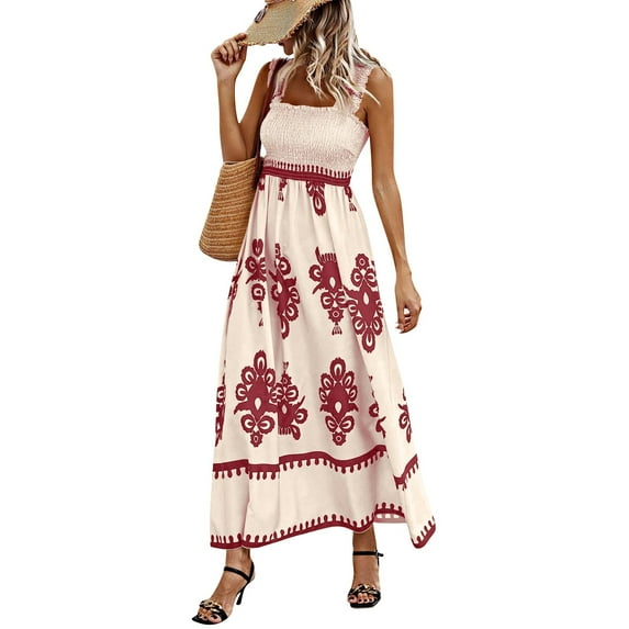 Womens Square Neck Boho Maxi Dress Casual Long Spring Summer Dresses Sundresses for Women Beach Vacation 2025 Red XL