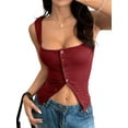 thumbnail image 1 of Womens Square Neck Button Down Ribbed Tank Tops Cute Sleeveless Summer Tops Red S, 1 of 7