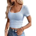 thumbnail image 1 of Womens Square Neck Colorblock Ruched T-Shirt Short Sleeve Summer Blouse For Women, 1 of 5