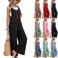 thumbnail image 1 of Womens Square Neck Cotton Linen Overalls Bib Front Wide Adjustable Buckle Shoulder Straps Sleeveless Jumpsuit Loose Fit Wide Leg Summer Casual Loungewear, #03 Black, S, 1 of 6