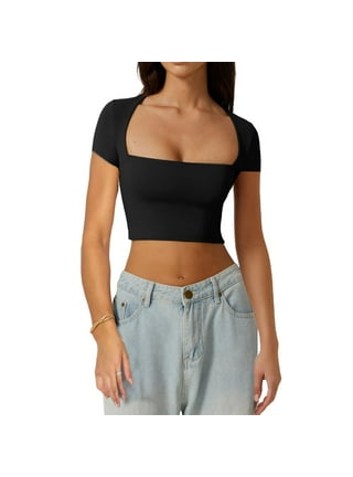 Black Low Cut Tops for Women Cleavage Plus Size T Shirt Sexy Long