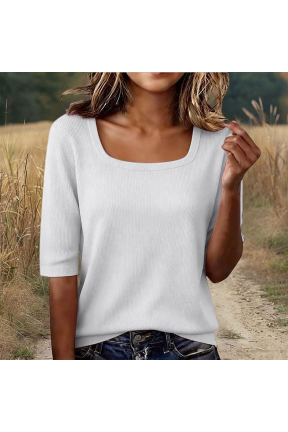 Womens Square Neck Elbow Sleeve Casual Ribbed Knit Tops Form Fitting Soft Knitwear Blouse For Everyday, White S