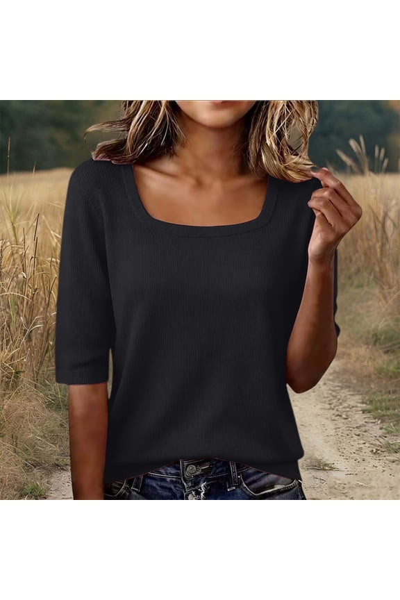 Womens Square Neck Elbow Sleeve Ribbed Knit Tops Form Fitting Soft Knitwear Casual Blouse For Daily And Work Use, Black M