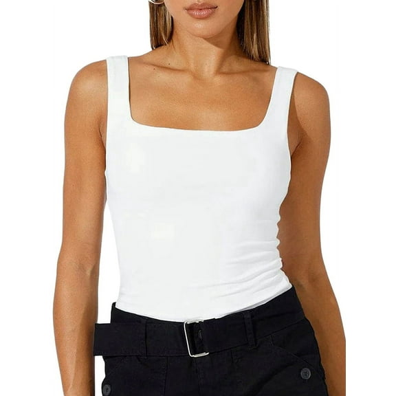 Womens Square Neck Fitted Tank Tops Double Layer Seamless Slim Fit Shirts 2025 Basic Spring Summer White L