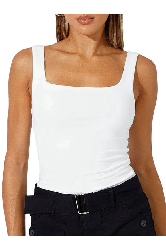 Womens Square Neck Fitted Tank Tops Double Layer Seamless Slim Fit Shirts 2025 Basic Spring Summer White L